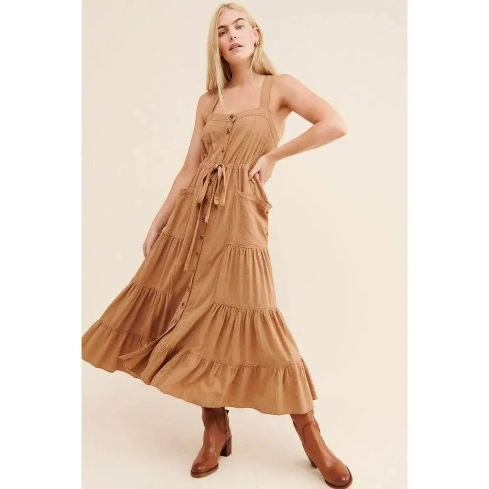 NWT Free People Catch The Breeze Midi Dress sz M medium Linen Amber Waves Tiered - Picture 1 of 14
